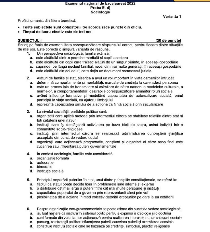 Subiecte BAC 2022 Sociologie 