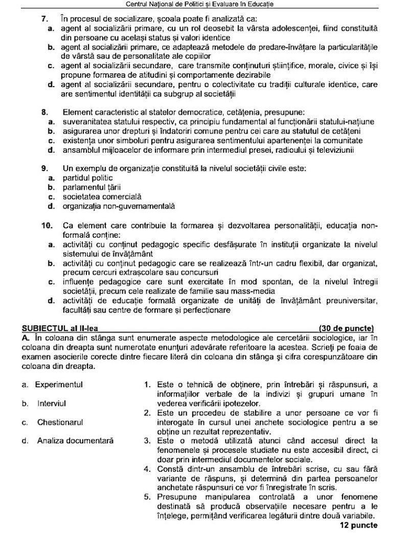 Subiecte BAC 2022 Sociologie 