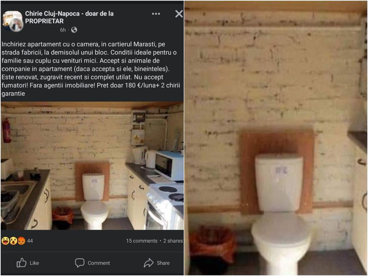 O nouă garsonieră de închiriat în Cluj, cu WC-ul în bucătărie, a stârnit reacții pe internet. Anunțul proprietarului: „Condiții ideale pentru o familie”