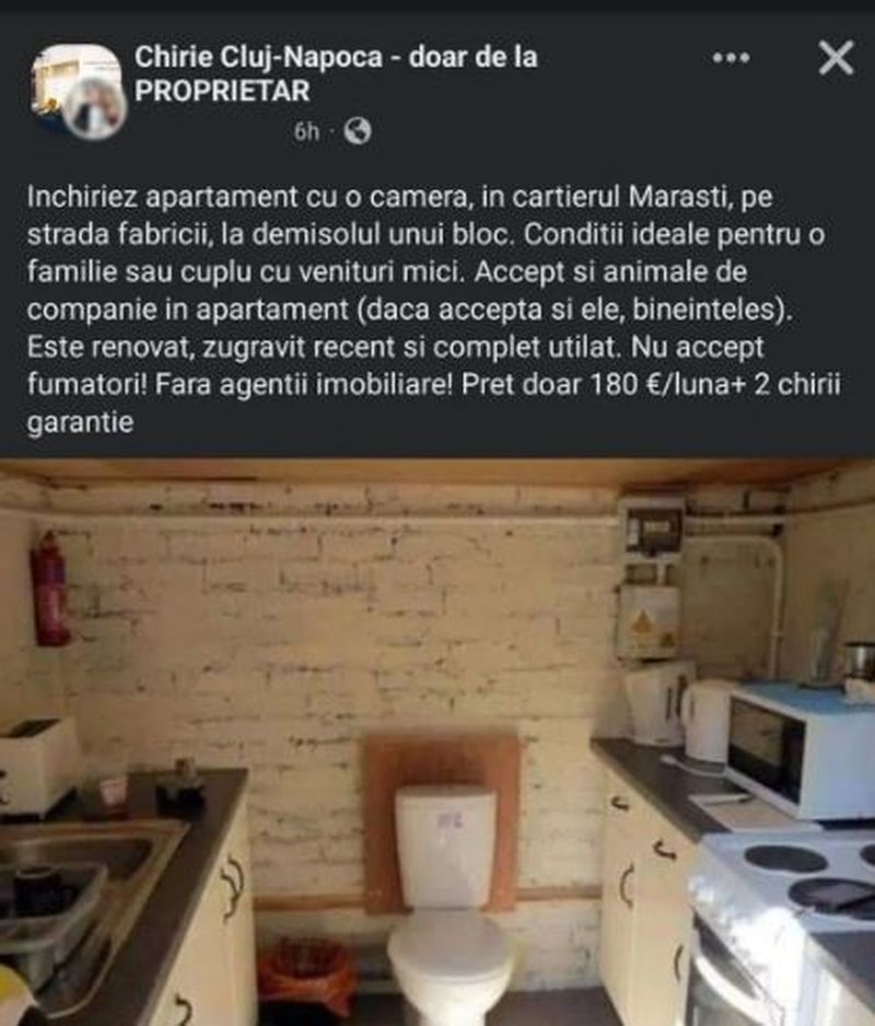  nouă garsonieră de închiriat în Cluj, cu WC-ul în bucătărie, a stârnit reacții pe internet.