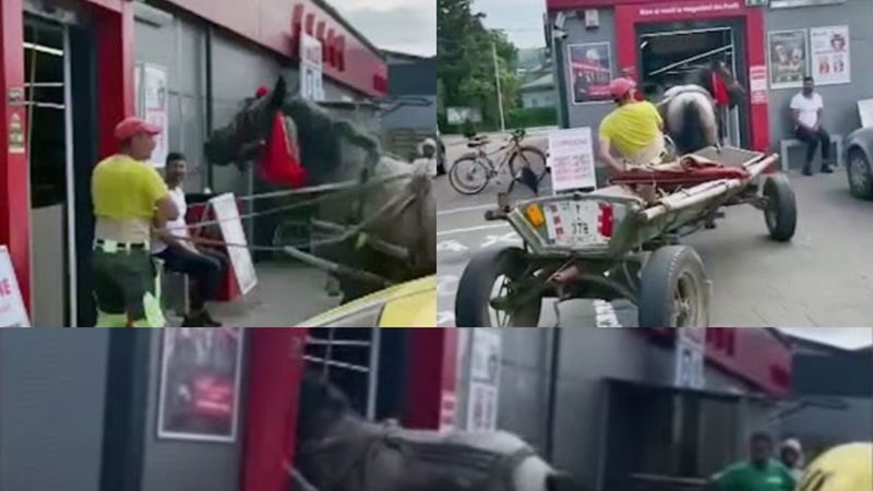 VIDEO: Un agent de pază a devenit viral pe Tik Tok, după ce a intrat cu calul și căruța &icirc;n magazinul unde lucra: &bdquo;Nici acum nu vine poliția?&rdquo;