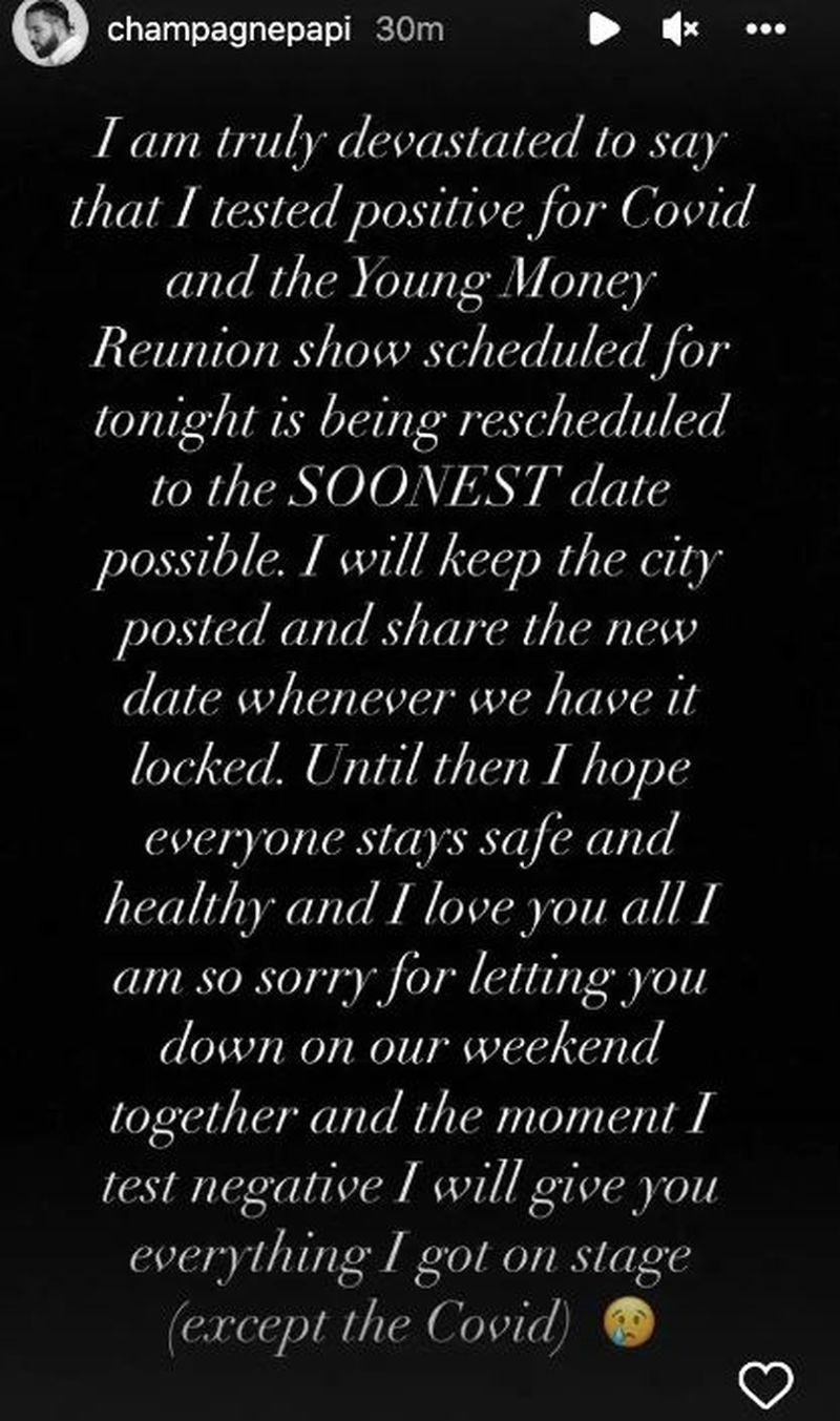 Drake a fost testat pozitiv pentru COVID și amână spectacolul Young Money Reunion: „Îmi pare atât de rău”