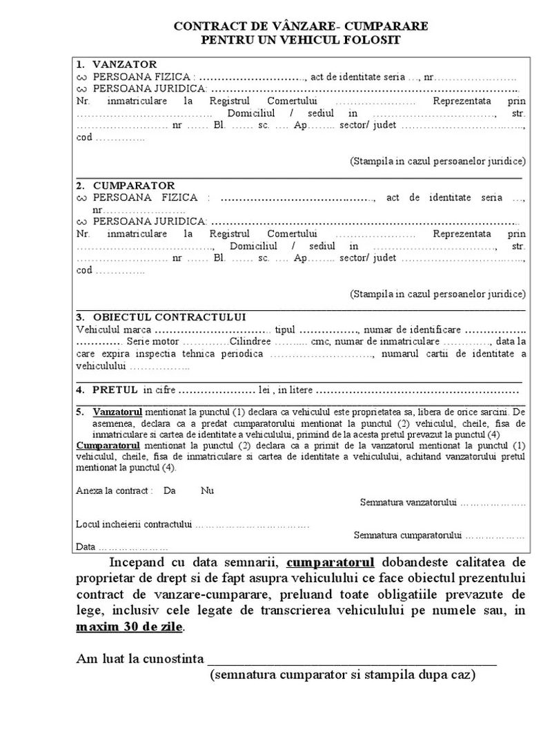 model contract vanzare cumparare auto 