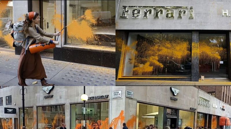 Activiștii de mediu &bdquo;Just Stop Oil&rdquo; au stropit cu vopsea portocalie sediile Ferrari, Bugatti și Bentley