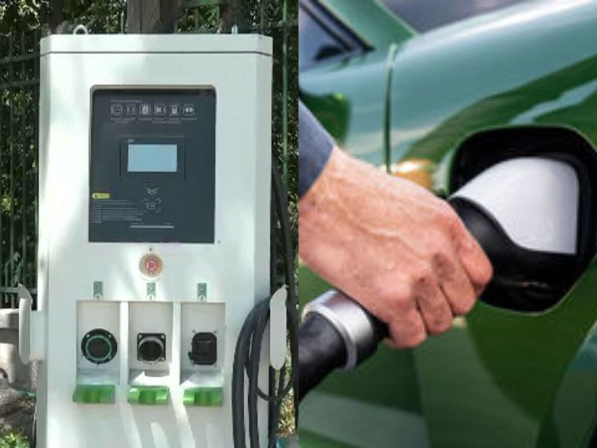 Staţie de încărcare pentru maşini electrice, montată pe un şantier abandonat şi închis cu gard