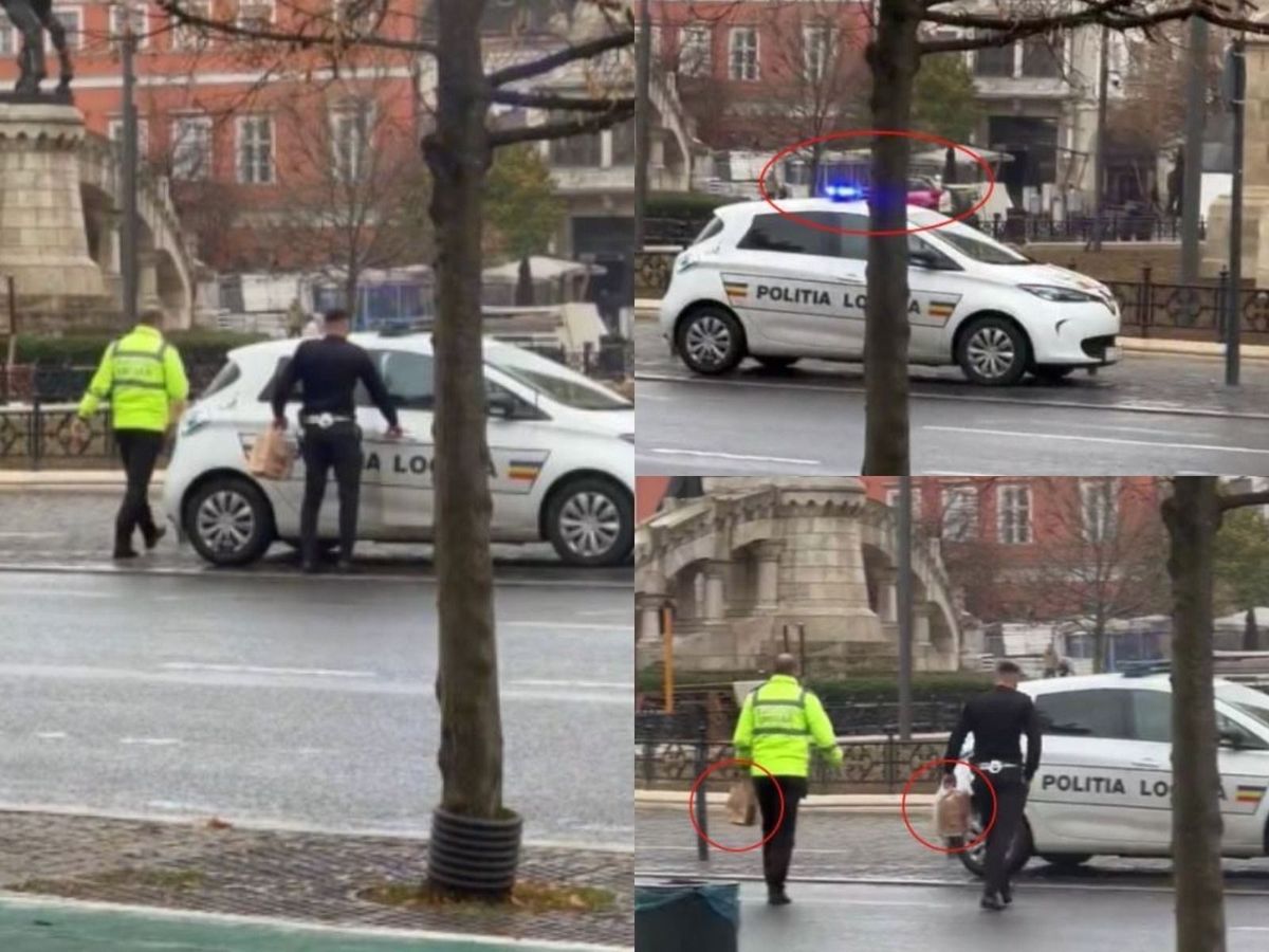 Doi polițiști au pornit girofarul mașinii ca să parcheze ilegal pe trotuar.