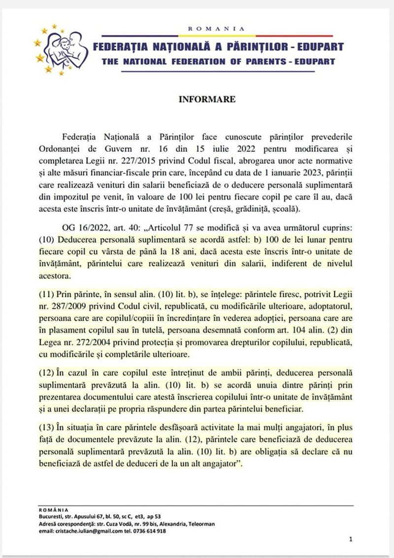  Părinții salariați primesc o deducere de impozit de 100 de lei 