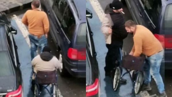 VIDEO: Imagini revoltătoare au fost surprinse într-o parcare din Brașov. Un bărbat se ridică din scaunul cu rotile și merge pe picioarele lui: ”Mâna întinsă nu primește ajutor”