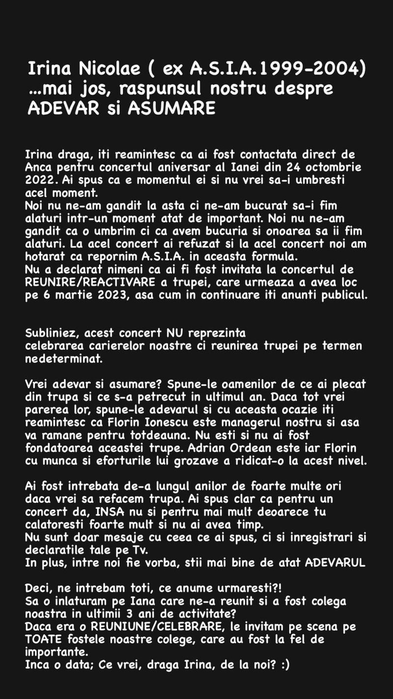Fetele din trupa A.S.I.A i-au adus acuzații grave Irinei Nicolae