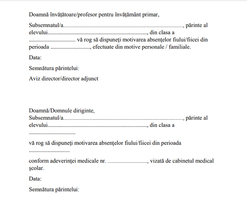 Model de cerere pentru motivarea absențelor la școală: Ce informații trebuie să cuprindă
