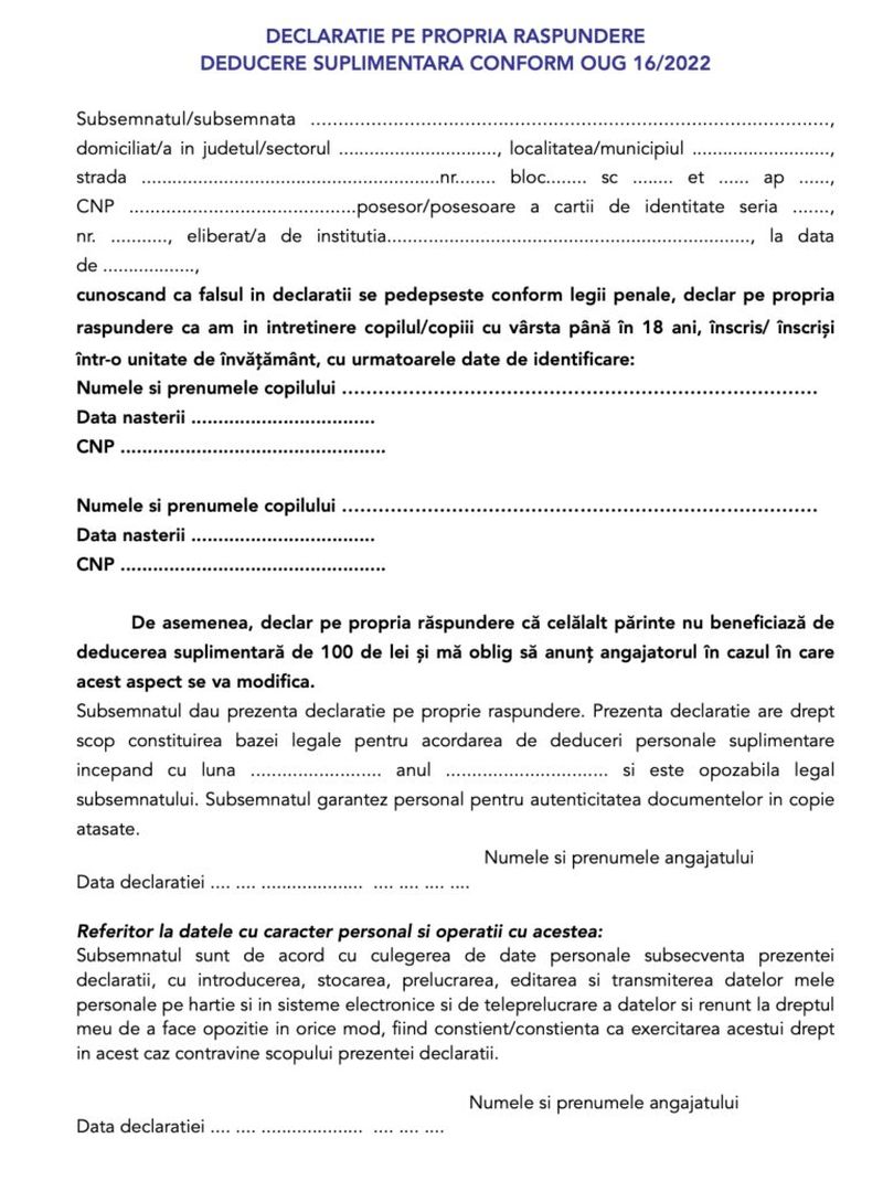 Model declarație deducere personală 2023