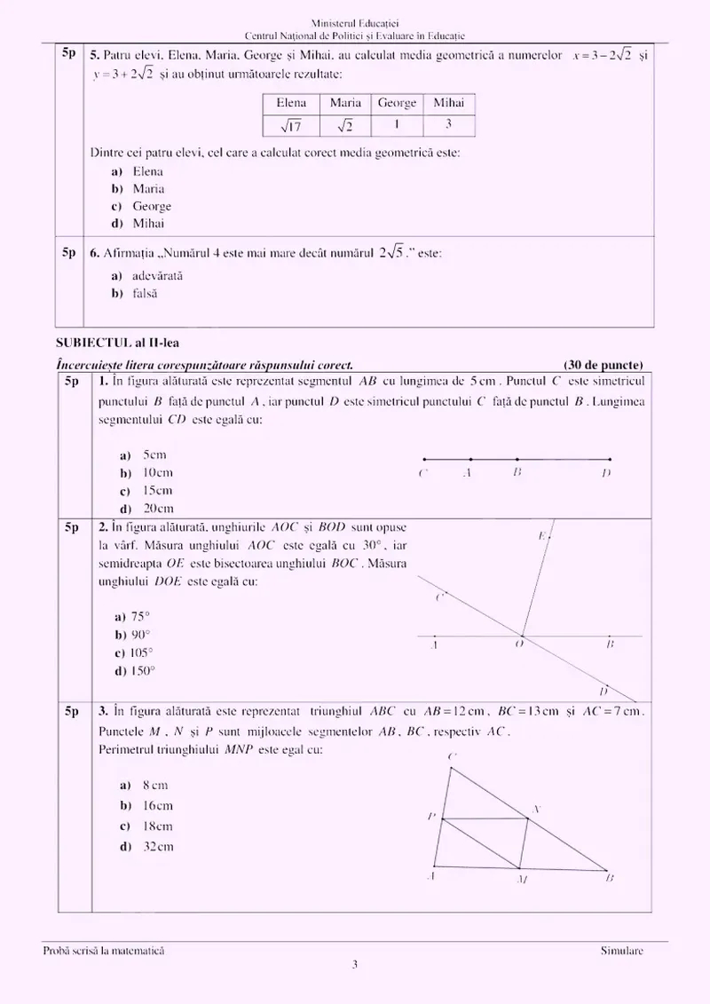 Subiecte Matematică simulare Evaluare Națională 2023