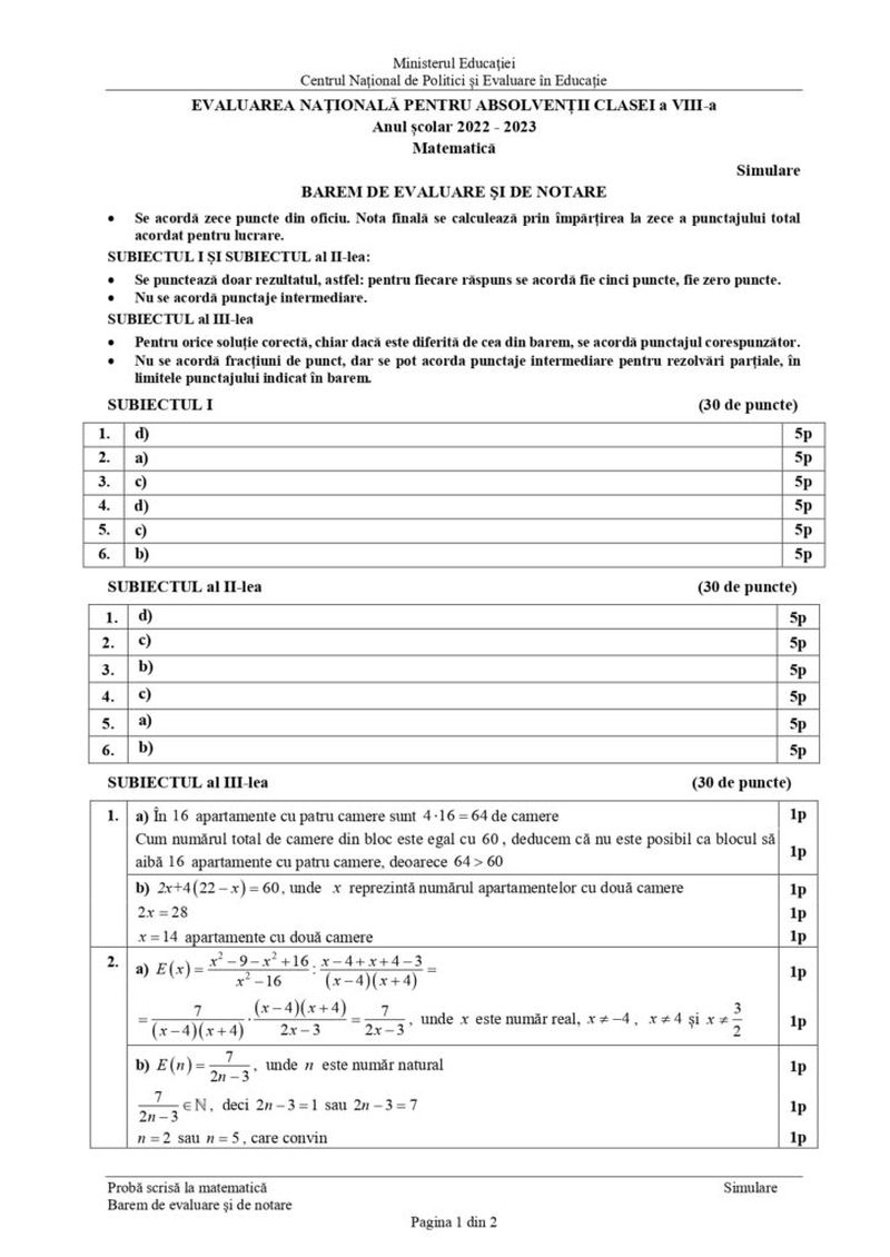 Barem Matematică simulare Evaluare Națională 2023