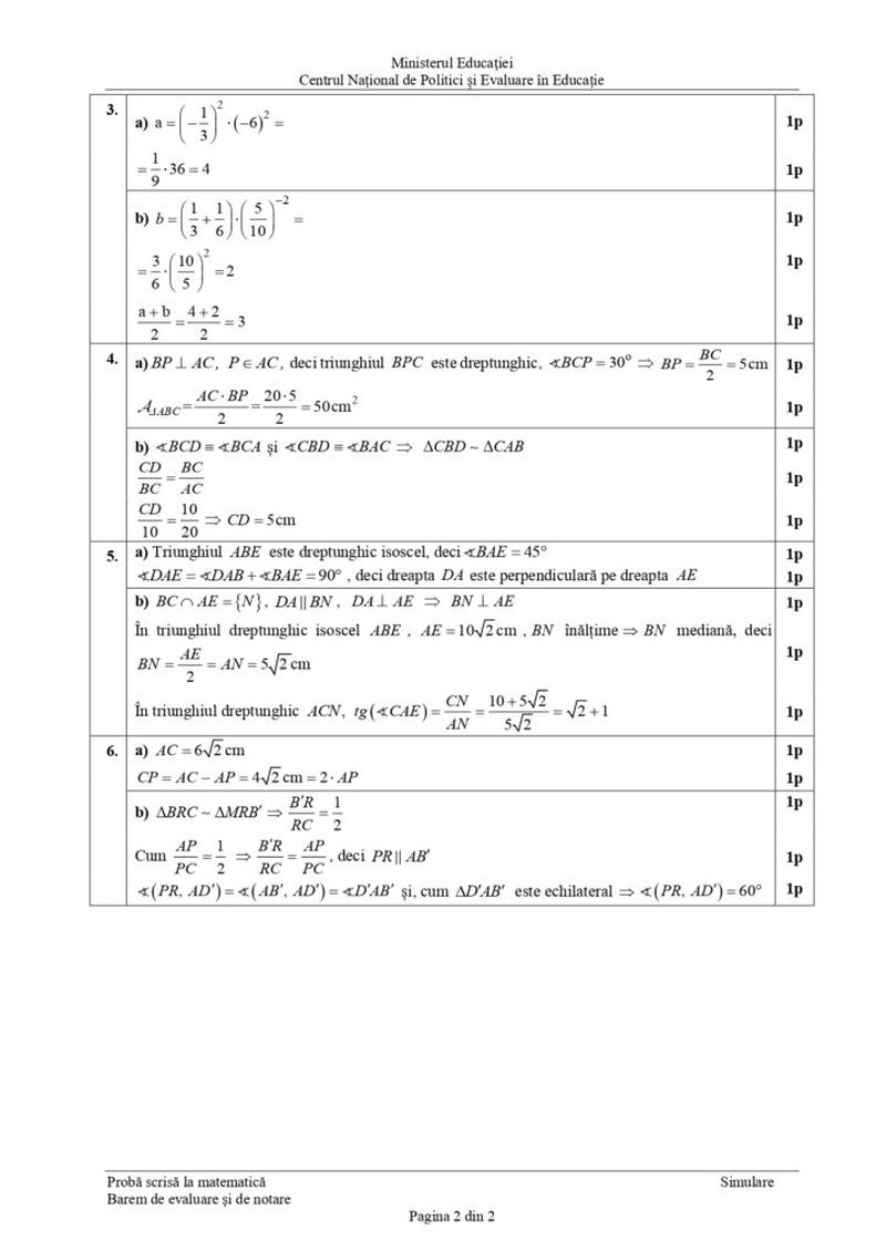 Barem Matematică simulare Evaluare Națională 2023