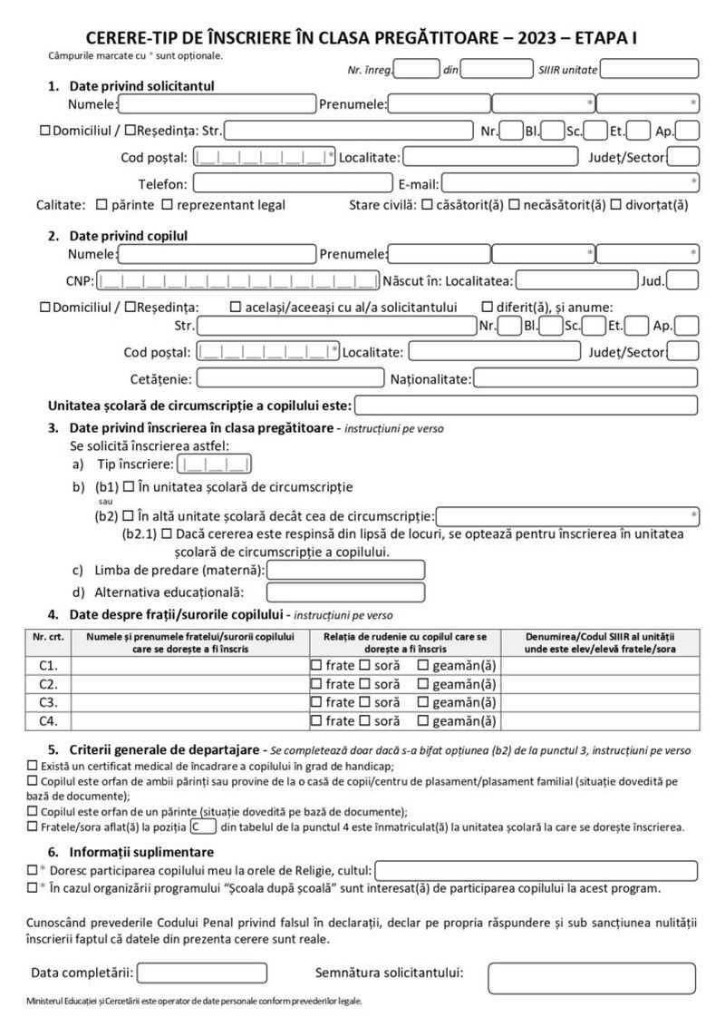 Cum se completează cererea tip de înscriere în clasa pregătitoare pentru anul școlar 2023-2024