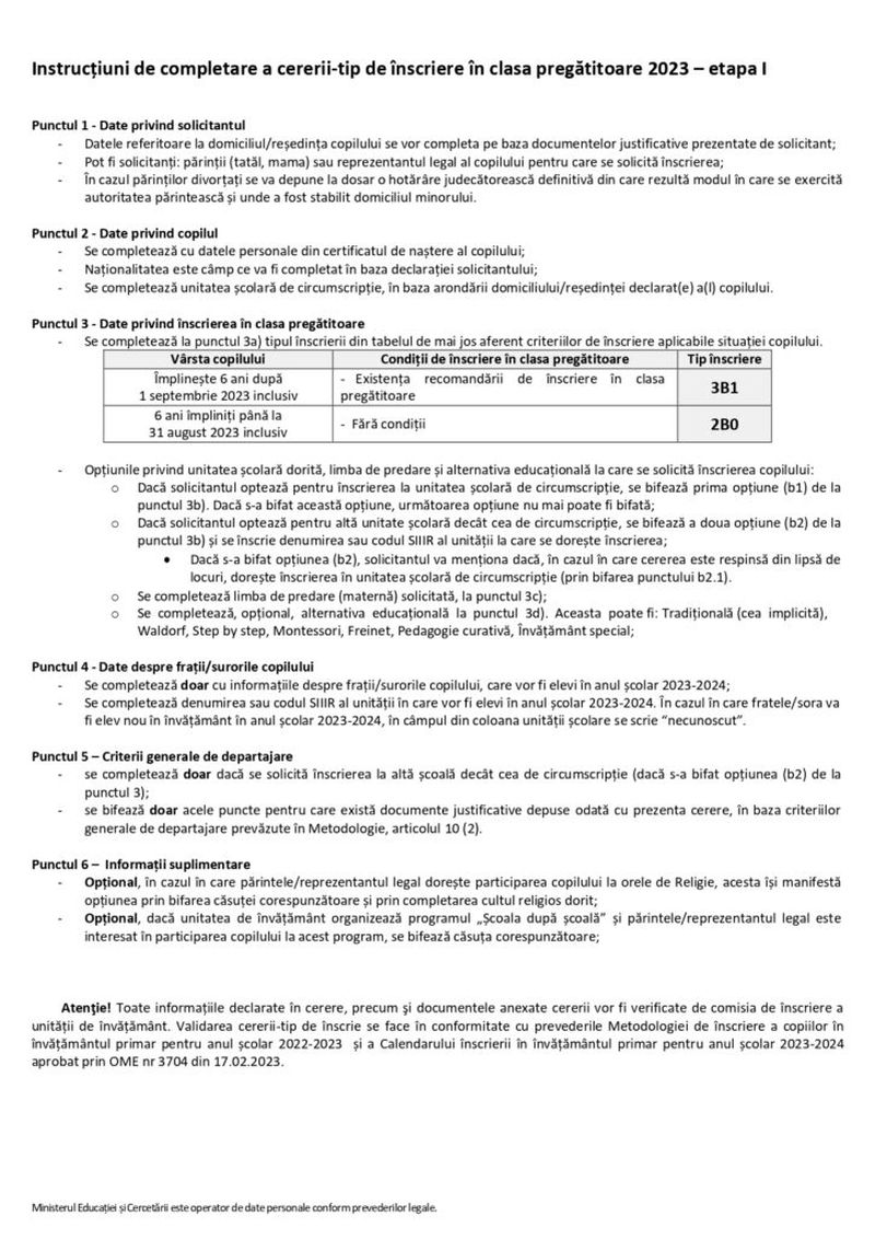 Cum se completează cererea tip de înscriere în clasa pregătitoare pentru anul școlar 2023-2024
