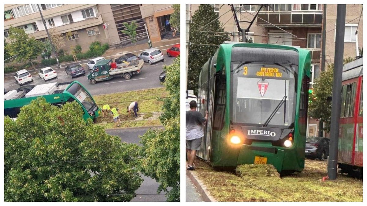 Un tramvai din Arad s-a împotmolit în gazon