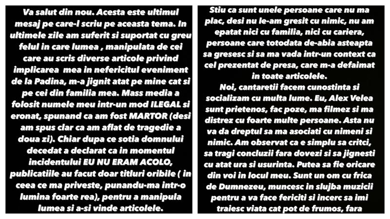 Mesajul transmis de Alex Velea 