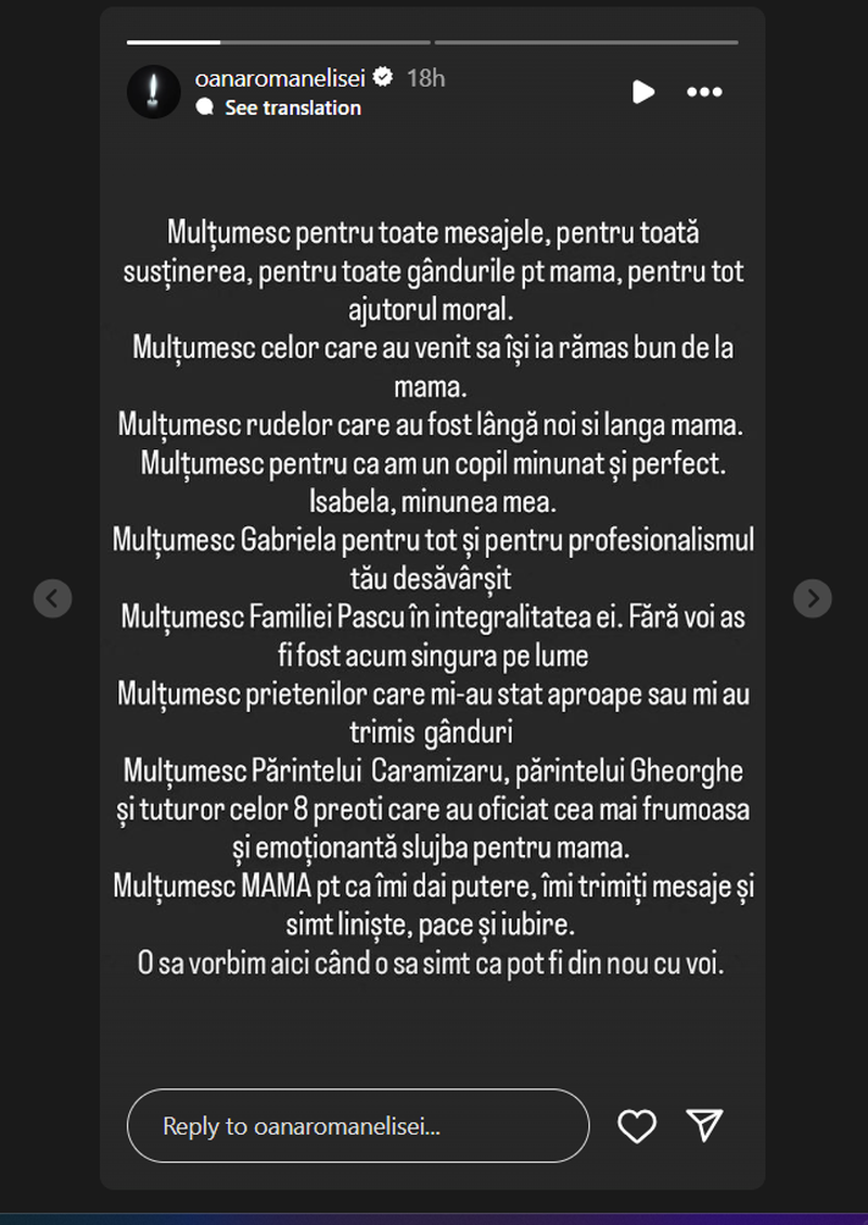 Mesajul Oanei Roman dupa inmormantarea Mioarei Roman