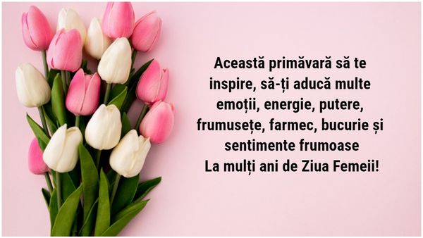 Mesaje de 8 Martie 2024: &bdquo;&Icirc;ți doresc un 8 Martie fericit si o primăvara care să &icirc;ți &icirc;nflorească &icirc;ntregul an. La mulți ani de Ziua Femeii!&rdquo;&nbsp;