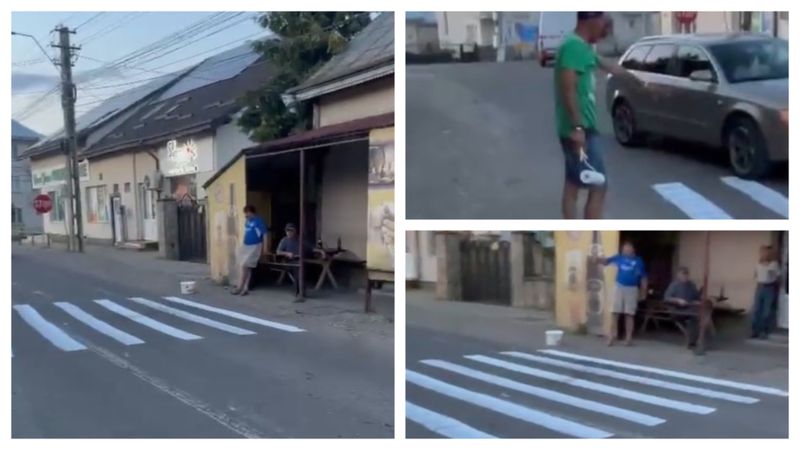 Bărbatula desenat 8 linii paralele pe șosea