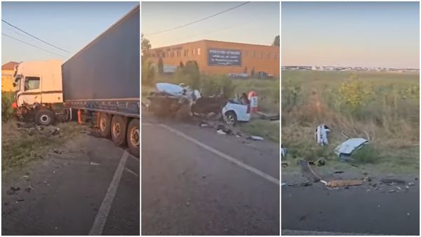 VIDEO: Maşină spulberată de un tir pe DN 65. Traficul rutier, reluat după c&acirc;teva ore
