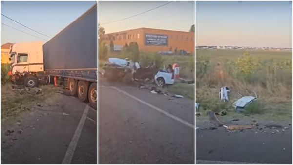 VIDEO: Maşină spulberată de un tir pe DN 65. Traficul rutier, reluat după câteva ore