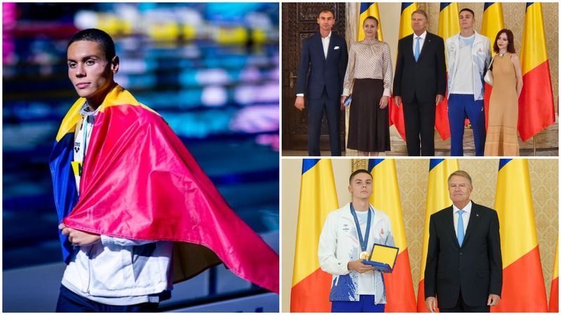 David Popovici cu iubita la Cotroceni! Sportivul a fost decorat de preşedintele Rom&acirc;niei, Klaus Iohannis