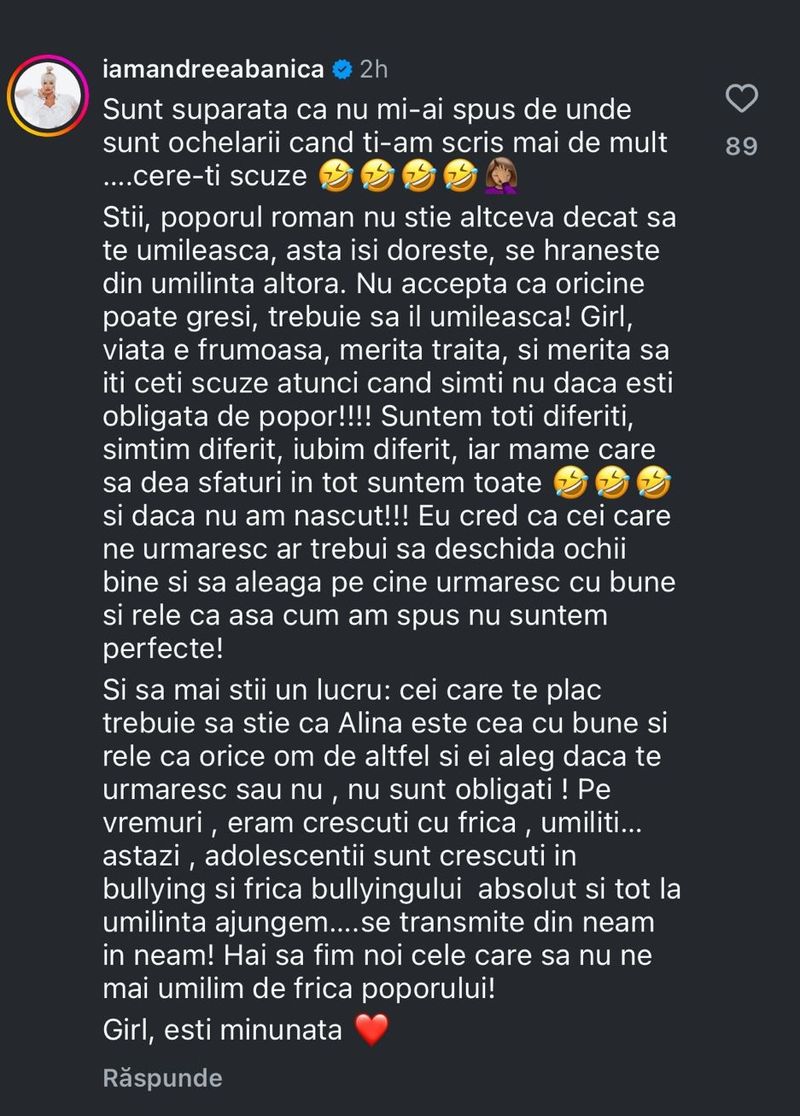 Mesajul Andreei Bănică pentru Alina Ceușan