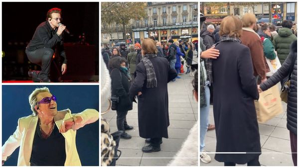 Gestul pe care Bono, liderul formației U2 îl face de fiecare dată în preajma Crăciunului. Multora nu le-a venit să creadă dacă este el sau nu în centrul Parisului