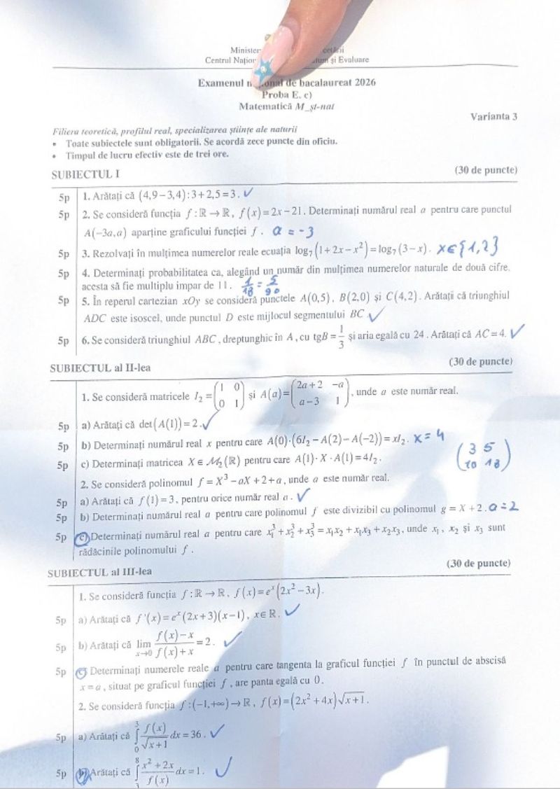 subiect matematica stiintele naturii bacalaureat 2026