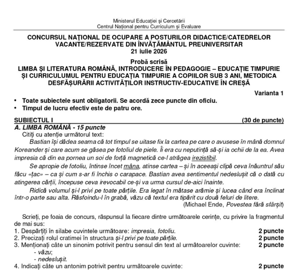 AU FOST PUBLICATE subiectele și baremele de corectare de la TITULARIZARE 2026. C&acirc;nd se afișează primele rezultate?