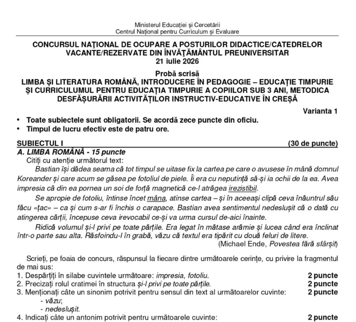 Subiectele și baremele de corectare de la Titularizare&nbsp;au fost publicate 