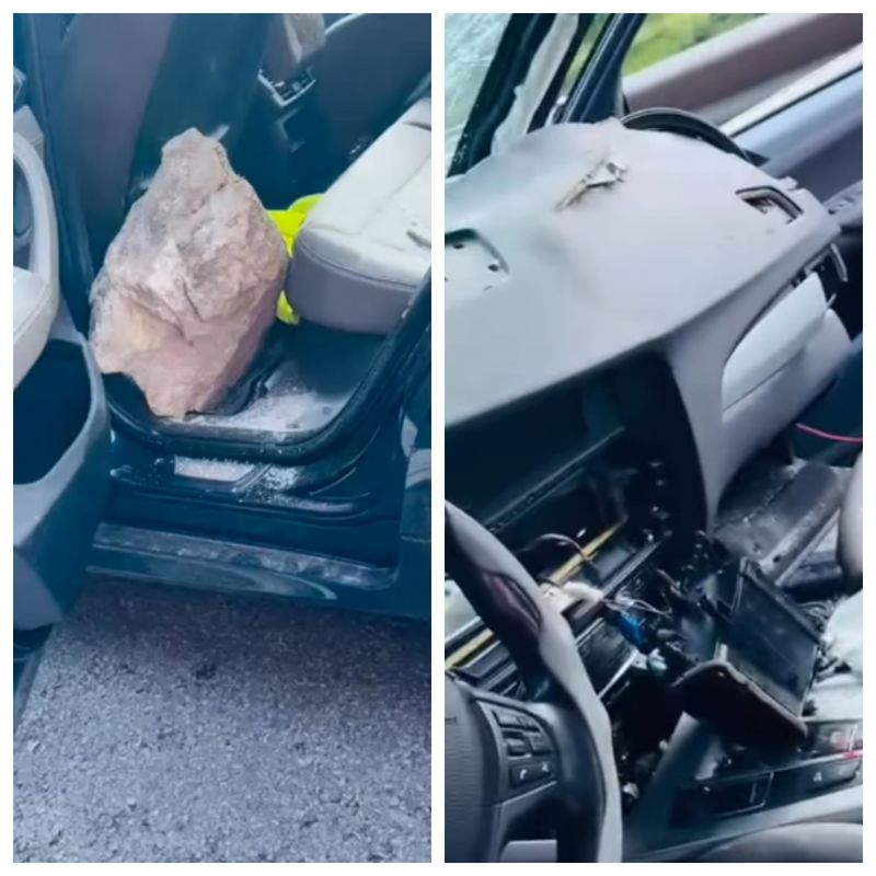 Cum arată mașina lovită de un bolovan pe Valea Oltului