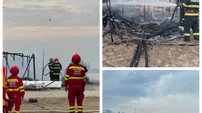 INCENDIU pe o plajă din Constanța! Flăcările au cuprins o magazie &icirc;n care erau depozitate echipamente pentru kiteboarding
