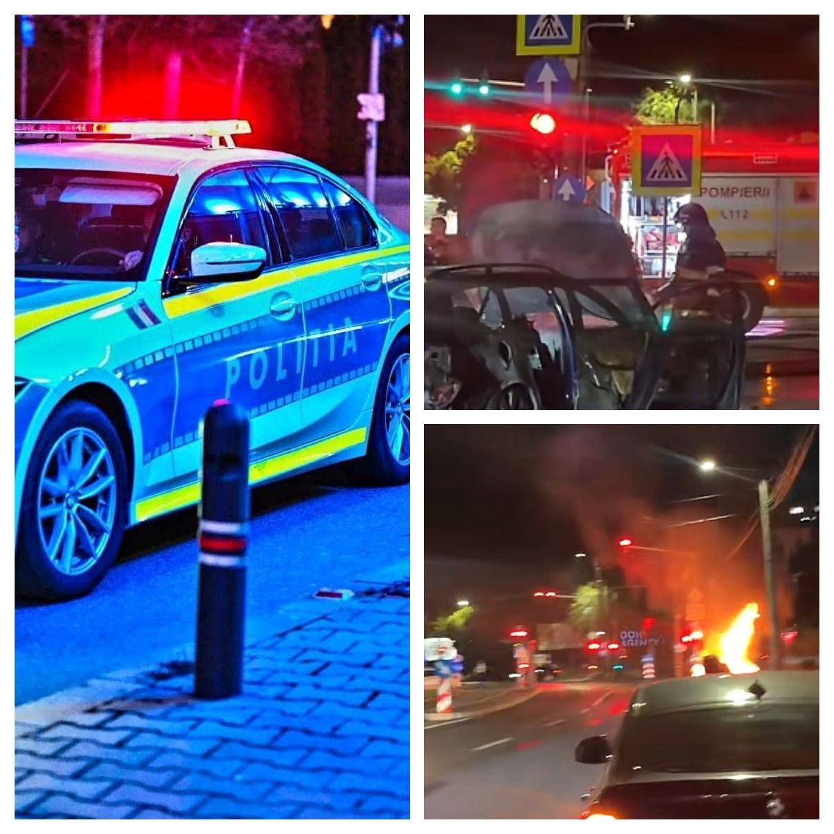 Un adolescent fără permis a furat un autoturism, apoi l-a abandonat după ce a luat foc &icirc;n trafic