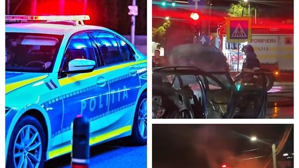 VIDEO Momentul &icirc;n care mașina furată, condusă de adolescentul de 16 ani din Craiova, ia foc și este CUPRINSĂ DE FLĂCĂRI. Incidentul s-a petrecut sub privirile celor aflați &icirc;n zonă: "A fost localizat și..."
