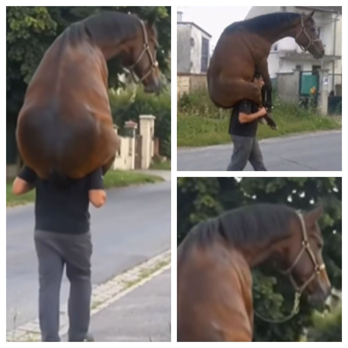 Bărbat surprins &icirc;n timp ce &icirc;și căra calul obosit pe umeri!