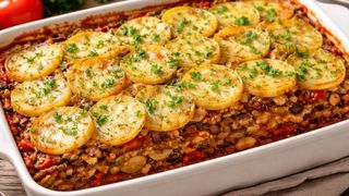 Musaca de post cu cartofi și sos de roșii. Preparatul adună &icirc;ntreaga familie la masă