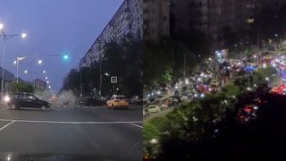Momentul &icirc;n care o mașină loveşte violent un motociclist care circula cu viteză pe bulevardul Iuliu Maniu. Bărbatul se află &icirc;n stare gravă