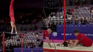 Momente de panică la Jocurile Commonwealth. Un gimnast a căzut &icirc;n cap de la aproximativ trei metri &icirc;n timpul exercițiului la bara fixă