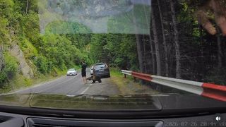 Scene ireale pe Transfăgărășan. Un turist ocupat cu telefonul n-a văzut că un urs era &icirc;n spatele lui și &icirc;i adulmeca picioarele