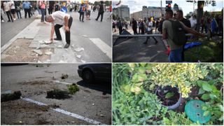 Infiltrații la protestul oierilor au smuls borduri și pavaj, au distrus spații verzi și au furat aspersoare. Imagini cu dezastrul lăsat