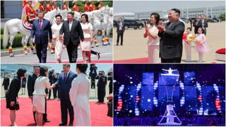 Cai albi, acrobați și mii de copii sărind &icirc;n sus de bucurie. Cum l-au primit Kim Jong Un și soția lui la Phenian pe Xi Jinping