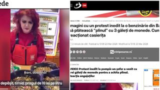 Trei găleți cu monede ca să plătească plinul, &icirc;n Bacău, pentru că s-a scumpit benzina, fake news perfect difuzat de presa din Rom&acirc;nia, inclusiv de TVR și Antena 3