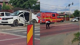 Șoferul unei basculante a trecut pe roșu și a lovit putenic o mașină, &icirc;n Chitila. Bărbatul din autoturism este &icirc;n stare gravă