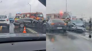 Impact violent &icirc;ntre trei autoturisme și un autobuz STB pe Podul Pipera! Trei persoane au ajuns la spital